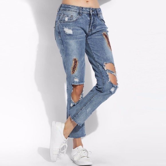 Boyfriend embroidered feather ripped jeans - Picture 1 of 8