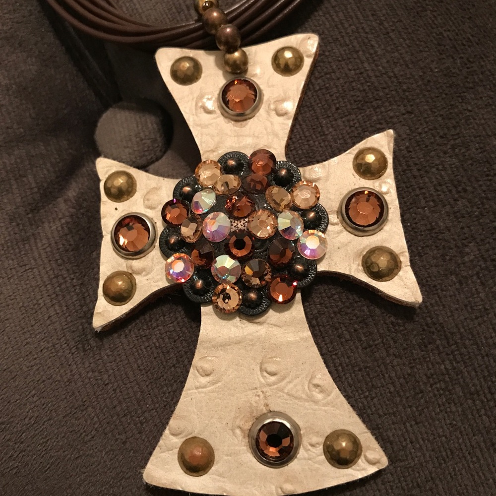 Large leather Crystaled Cross Concho Necklace