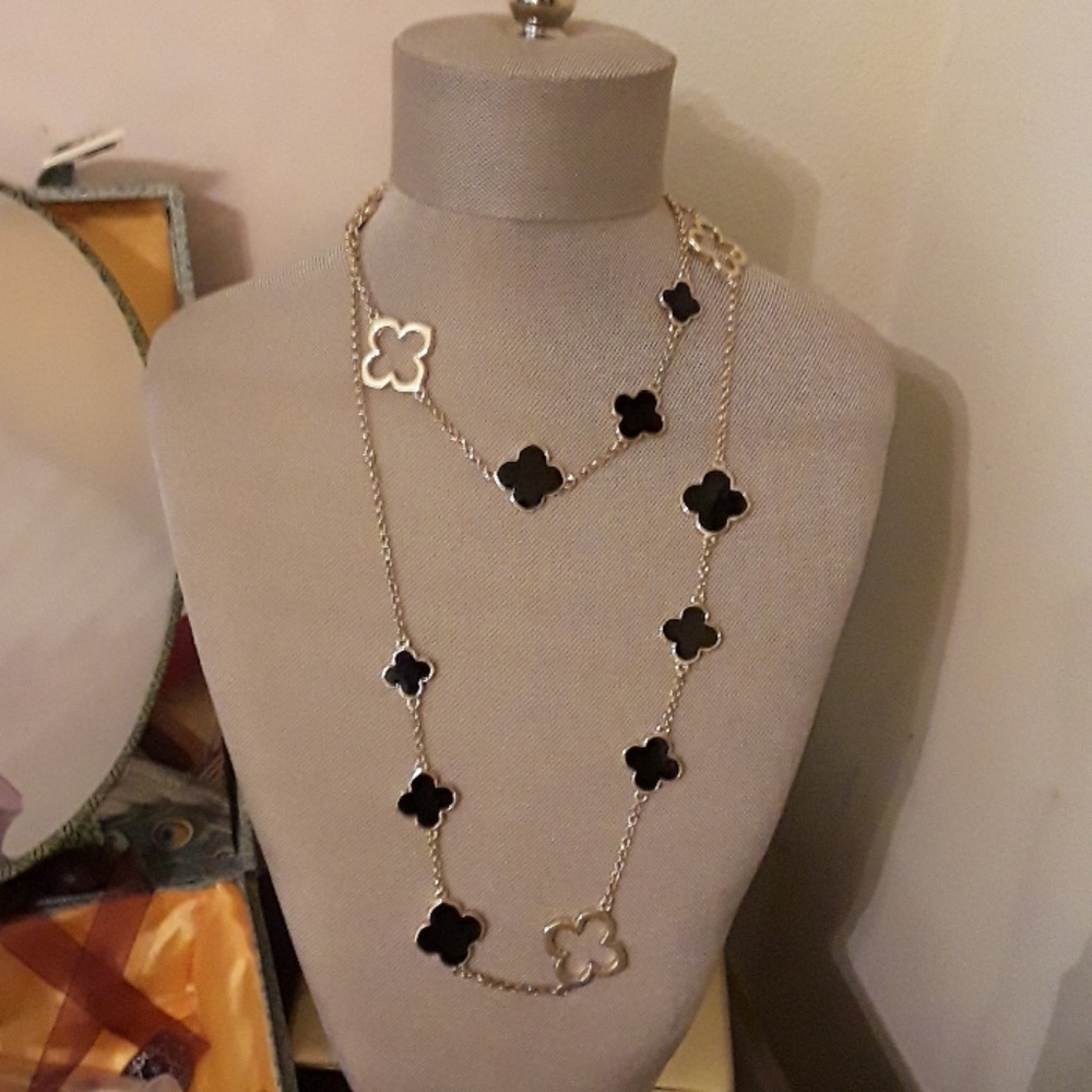 Gold and Black Enamel Quatrefoil Necklace