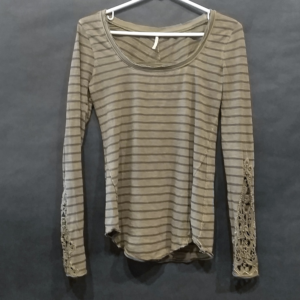 Free People Striped Olive Green Crochet Cuff Top