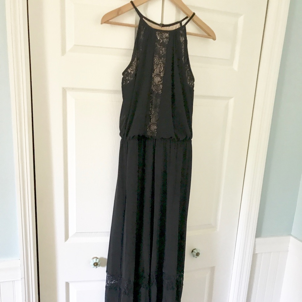 Full length black dress with lace details