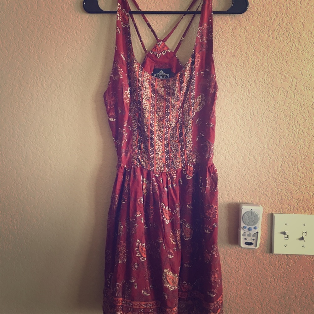 red and orange floral dress