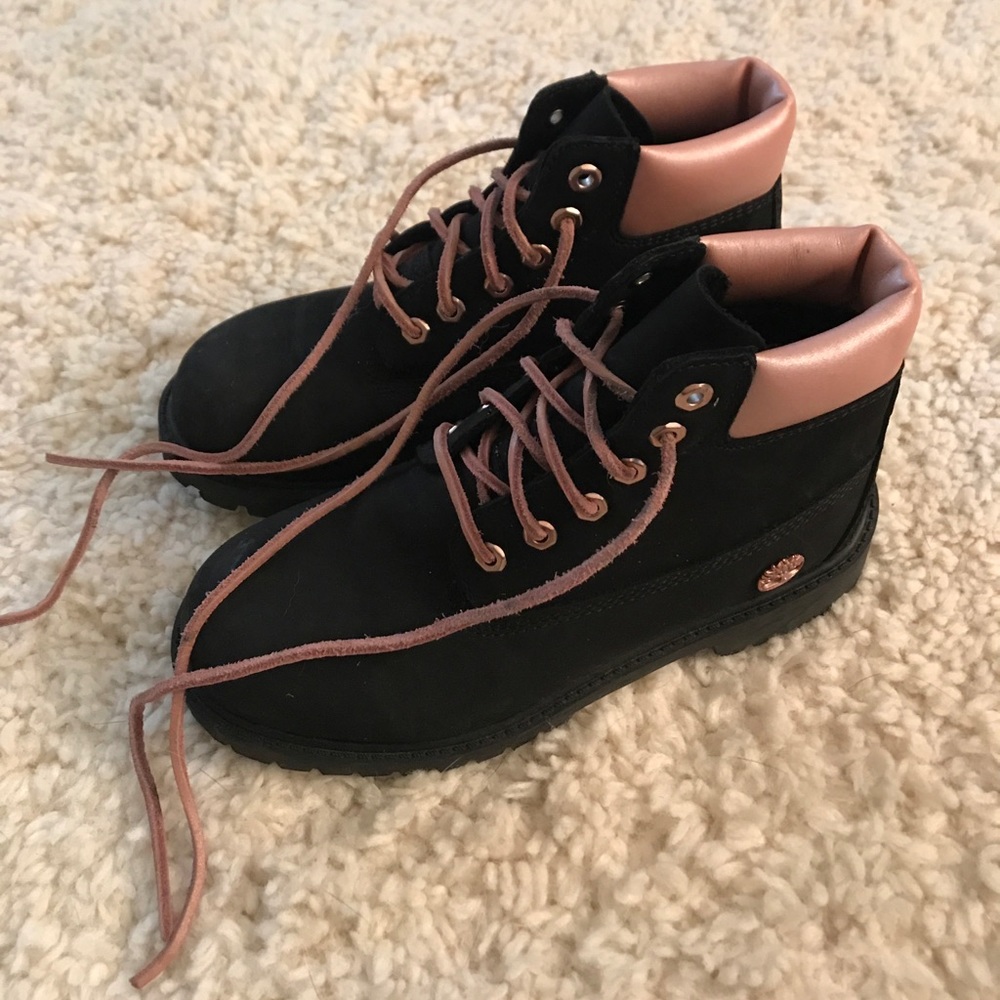 Black and rose gold timberlands