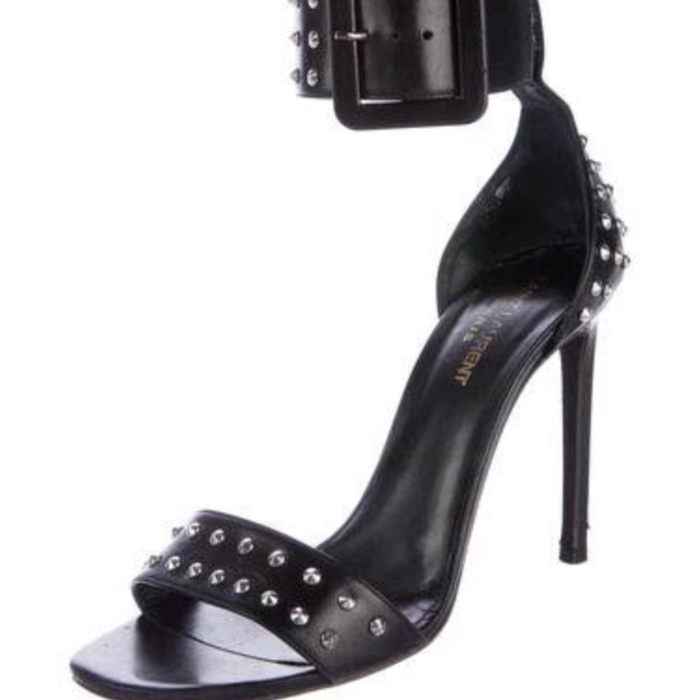 Saint Laurent Black Leather Studded Heel Sandal