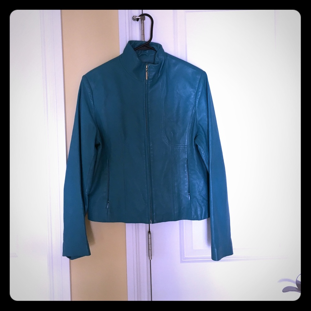 Teal leather moto jacket