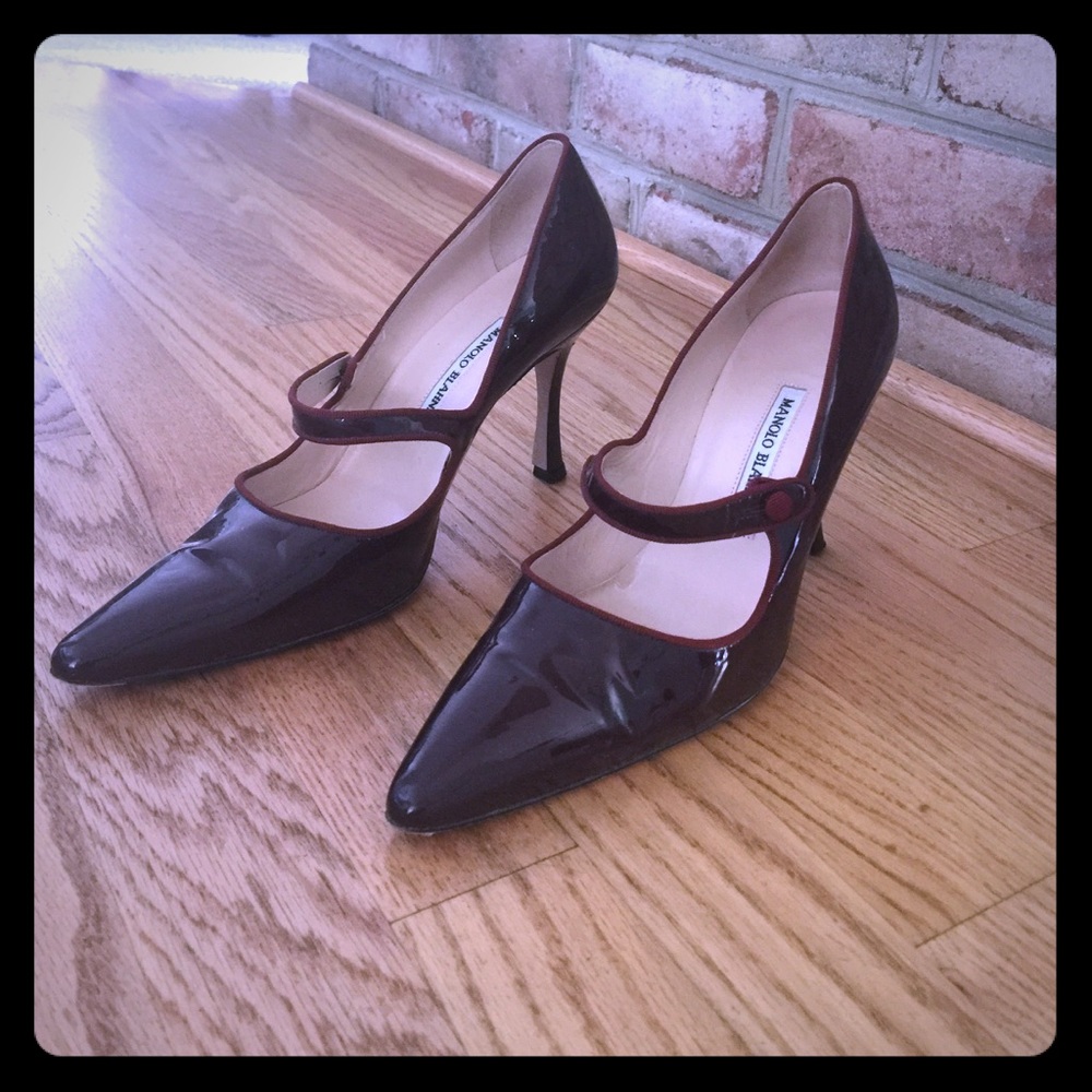 Manolo Blahnik burgundy patent Mary Jane heels