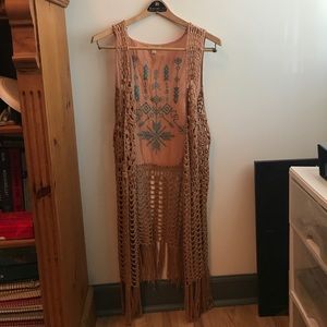 Coral and teal embroidered fringe vest