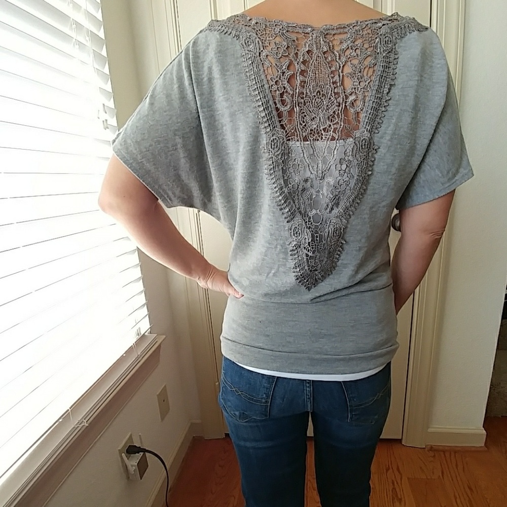 Grey cowl neck, lace top, Small