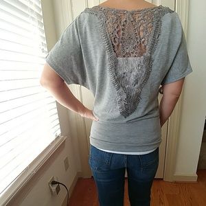 Grey cowl neck, lace top, Small
