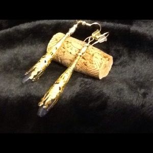 Earrings , 2" long Gold/dark blue Lapis beads