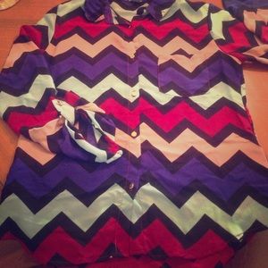 Multicolored Chevron Collared Sheer Button Up