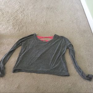 Long sleeve grey workout tee with pink back