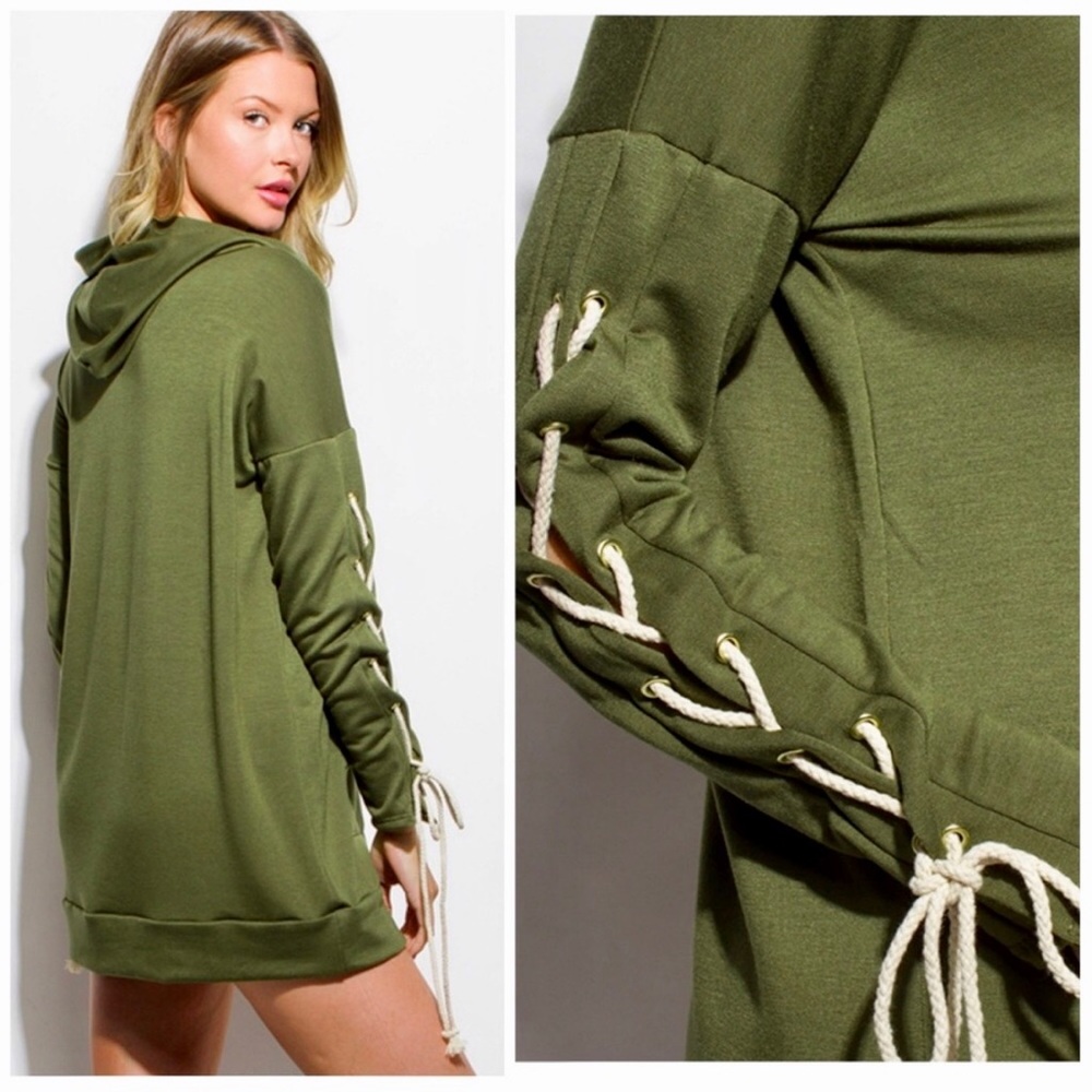 "Harley" Arm Lace Hoodie in Olive - Picture 2 of 4