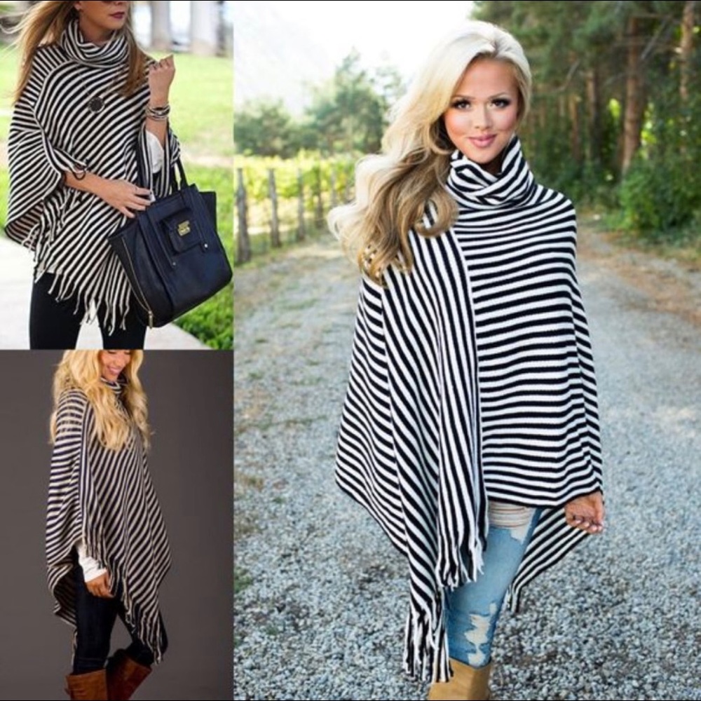 NEW Striped Black and White Women's Sweater Poncho - Picture 3 of 3