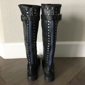 Black Knee High Boots with Blue Detailing