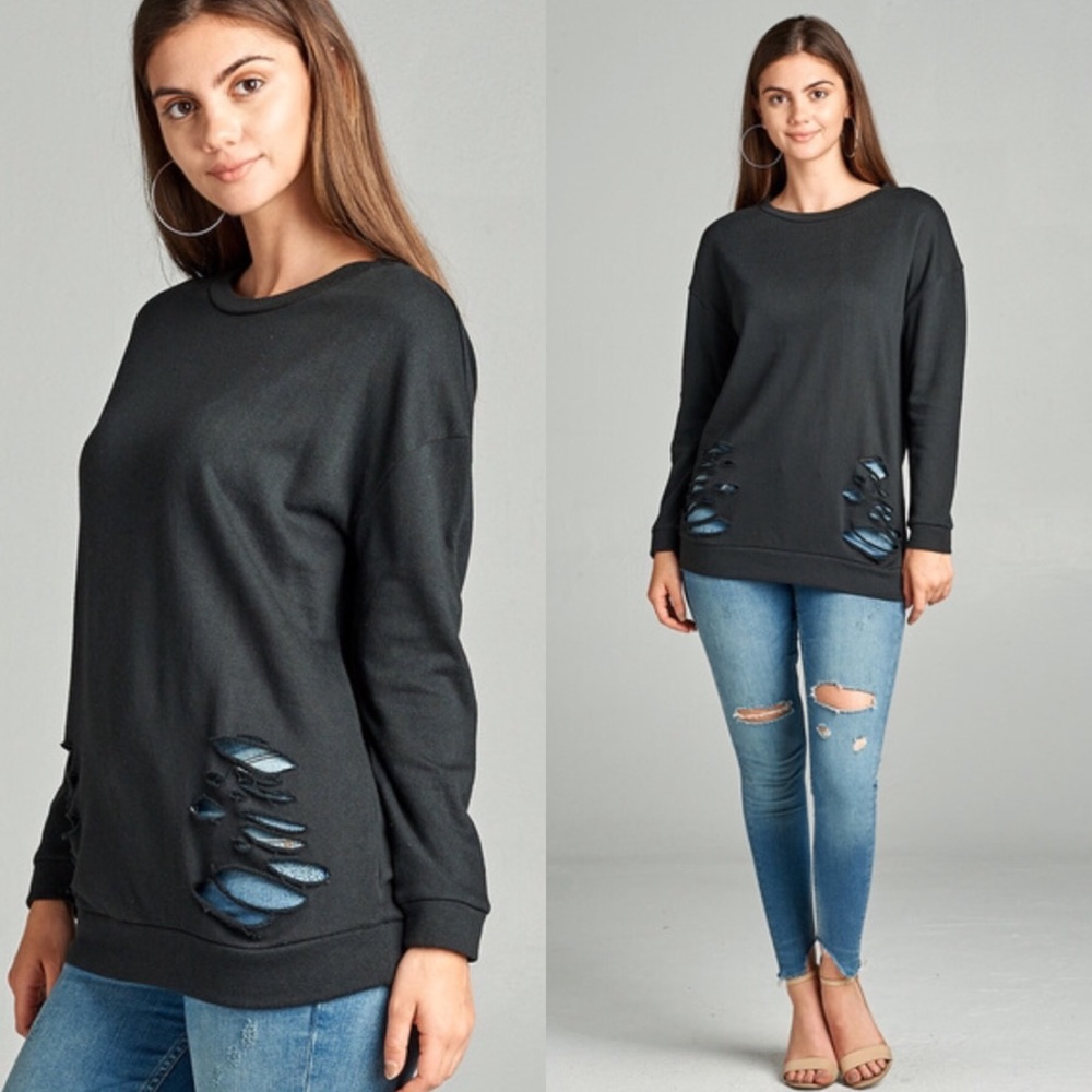 Black Long Sleeve Round Neck Distressed Top
