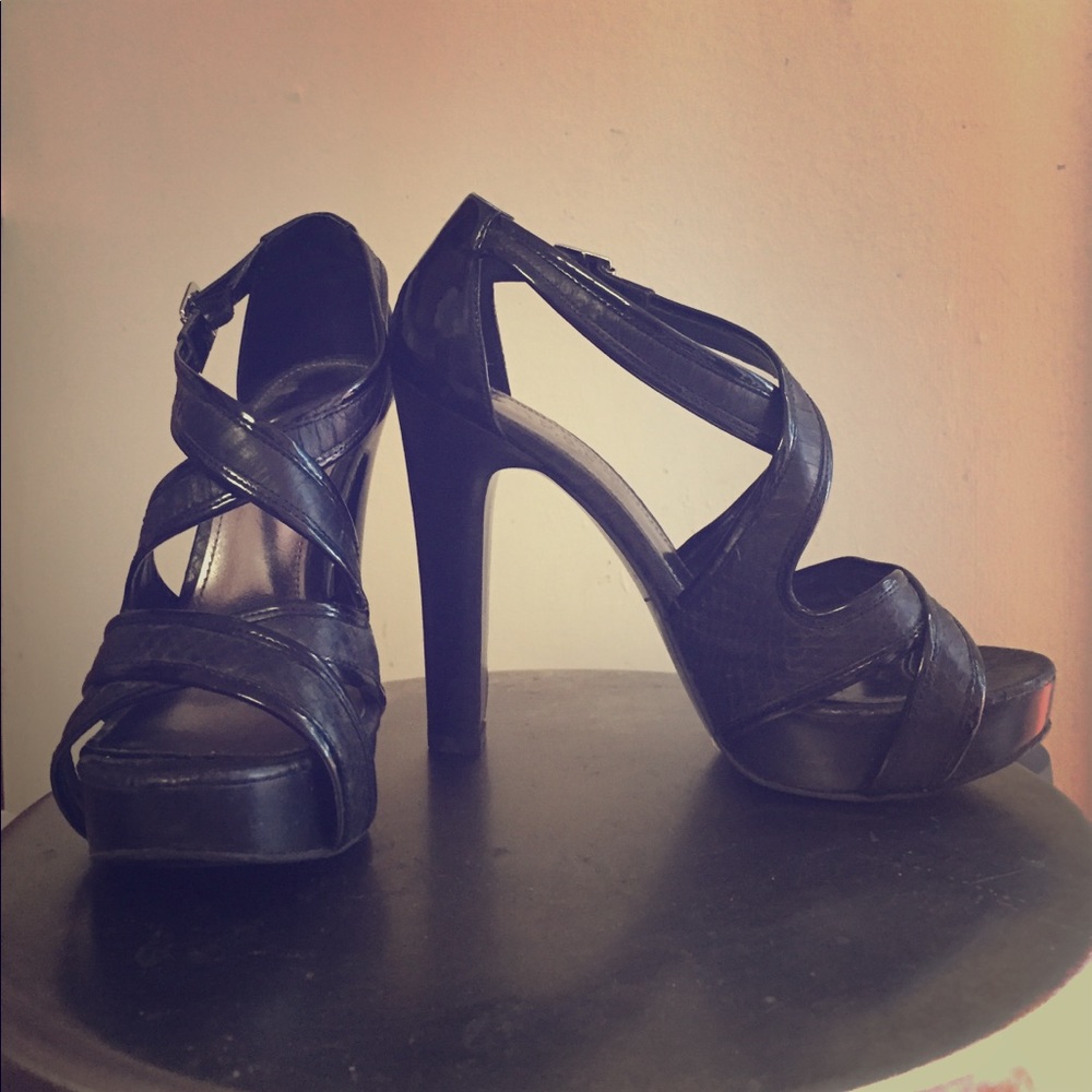 RL, black snakeskin sandal heels
