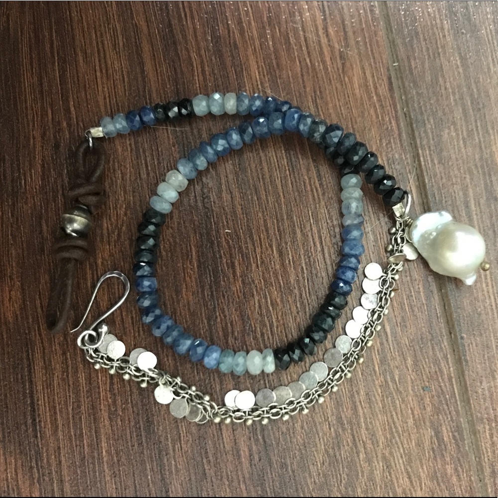 Ombré blue beaded, silver, leather bracelet
