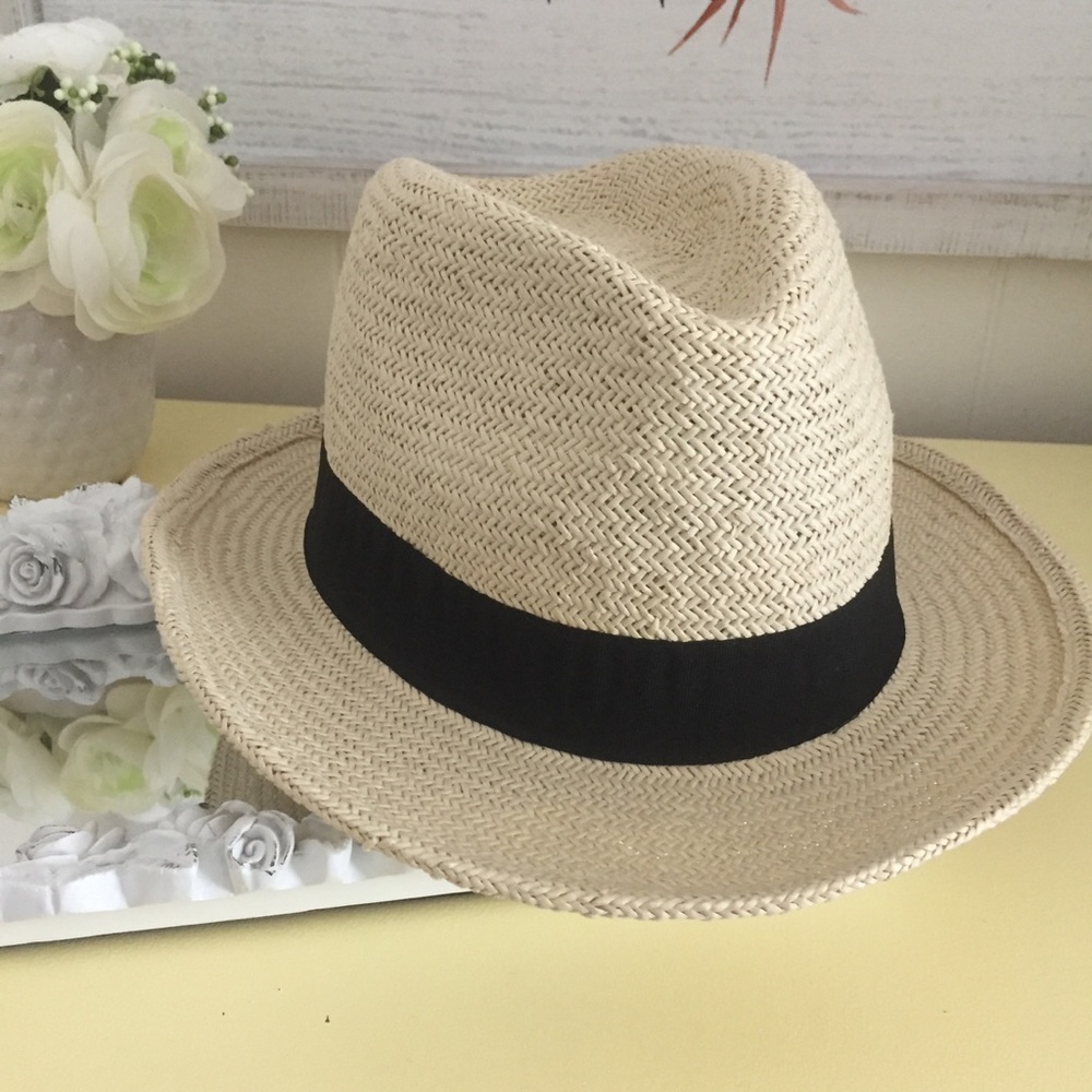 Straw Fedora Hat with Black Band Details