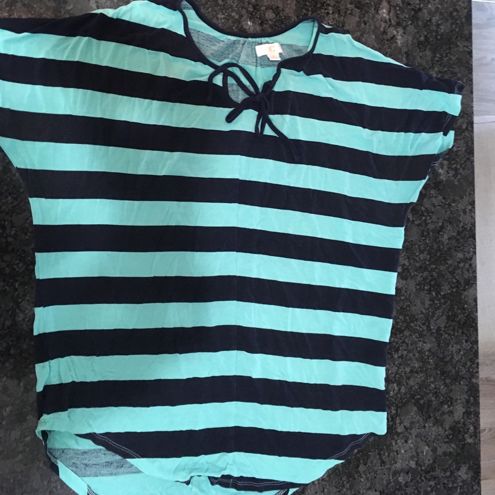 Charming Charlie top navy blue & turquoise stripes