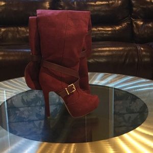 Over the knee, thigh high burgundy heel boots