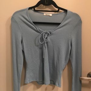 Blue Waffle Weave Lace Up Shirt