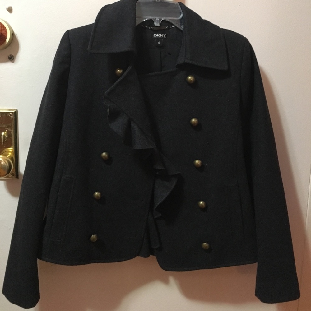 Short pea coat with front ruffle and gold buttons