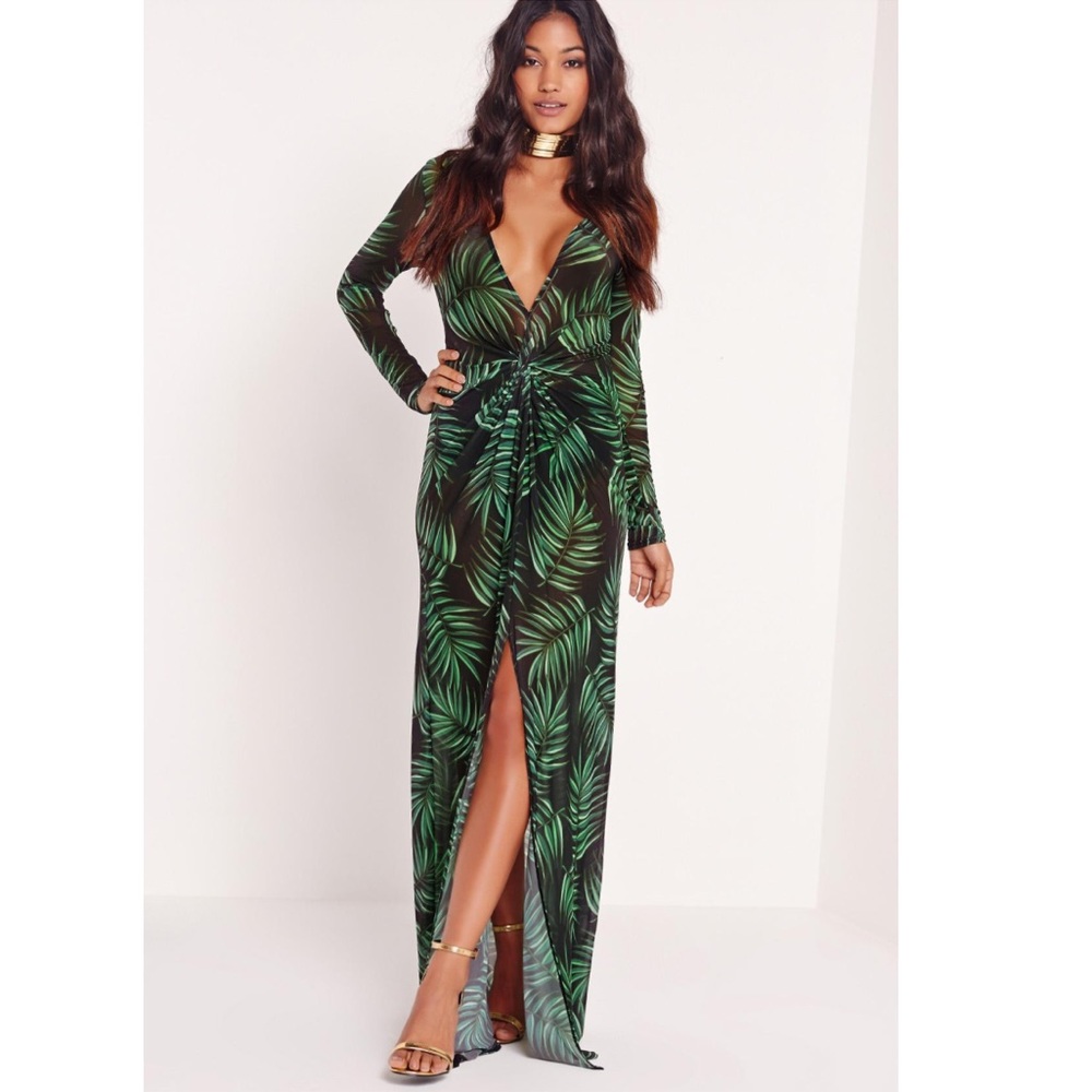 Missguided Long Sleeve Maxi Dress Palm Leaf Print