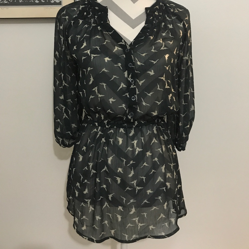 Sheer Bird Cinched Waist Blouse