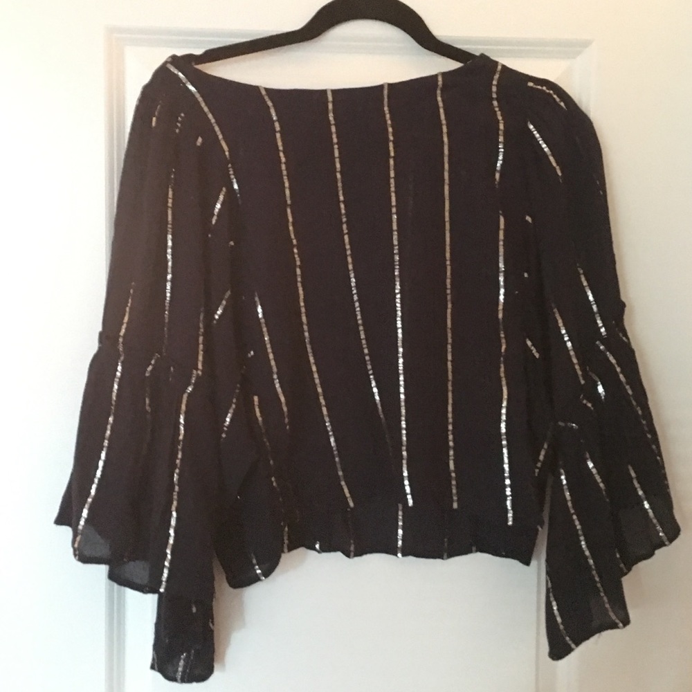 Anthropologie Blue and Silver Wide Sleeve Top