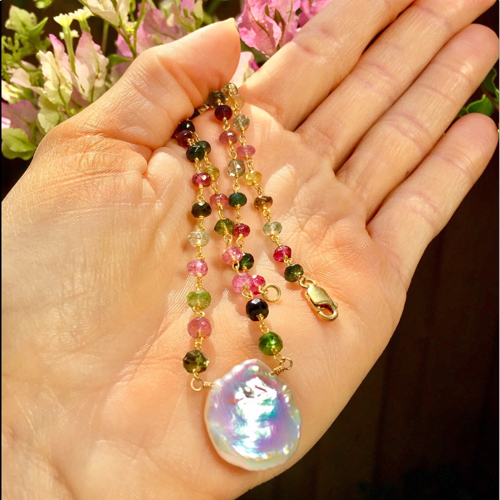 💖SALE!💖TOURMALINE KEISHI PEARL 14k VERMEIL NECKLACE