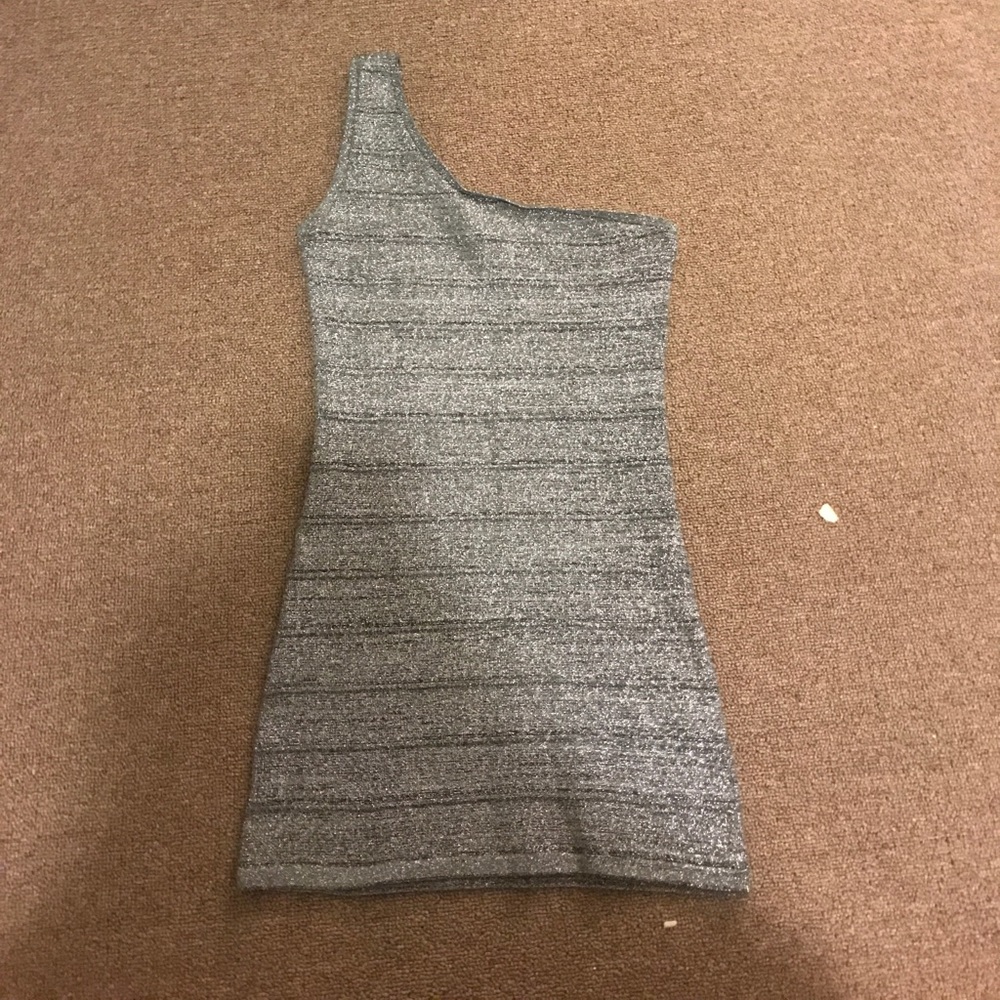 Metallic silver one shoulder dress