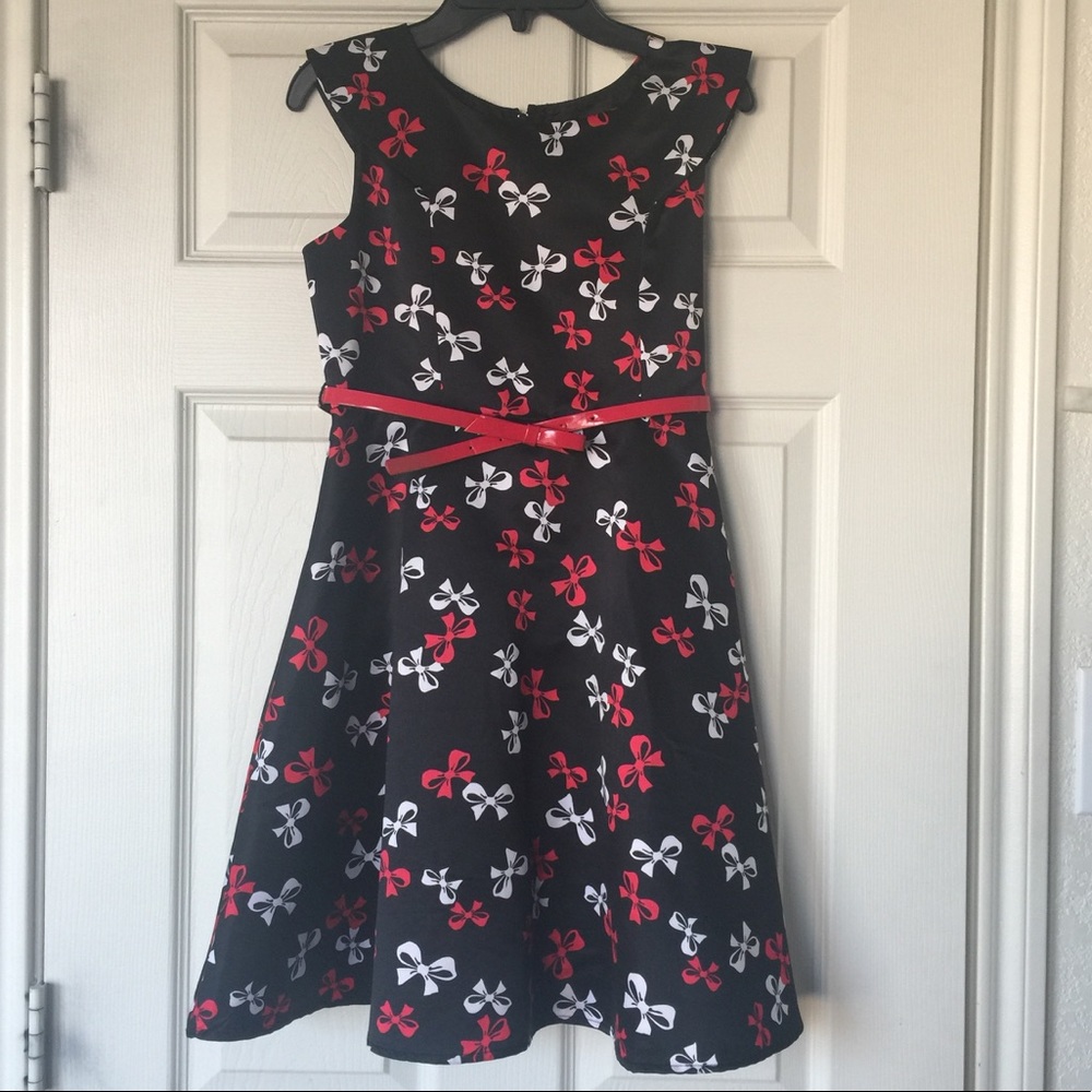 Girls, Satin black dress with red and white bows!