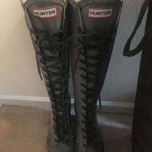 Hunter high heel rain boots.