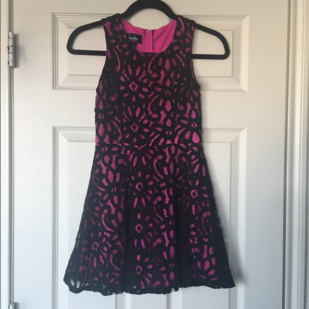 Girls Hot Pink Dress with Black Lace Overlay