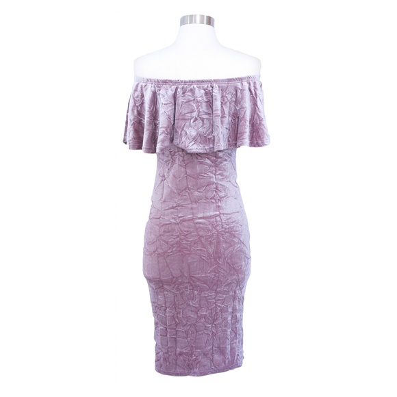 Pink Off the Shoulder Ruffle Bodycon Velvet Dress - Picture 8 of 8