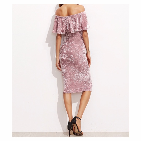 Pink Off the Shoulder Ruffle Bodycon Velvet Dress - Picture 2 of 8