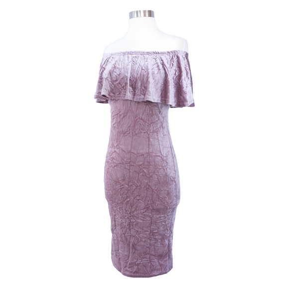 Pink Off the Shoulder Ruffle Bodycon Velvet Dress - Picture 7 of 8