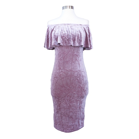 Pink Off the Shoulder Ruffle Bodycon Velvet Dress - Picture 6 of 8