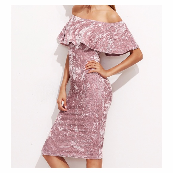 Pink Off the Shoulder Ruffle Bodycon Velvet Dress - Picture 4 of 8