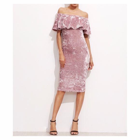 Pink Off the Shoulder Ruffle Bodycon Velvet Dress - Picture 5 of 8