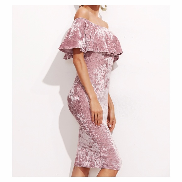 Pink Off the Shoulder Ruffle Bodycon Velvet Dress - Picture 3 of 8