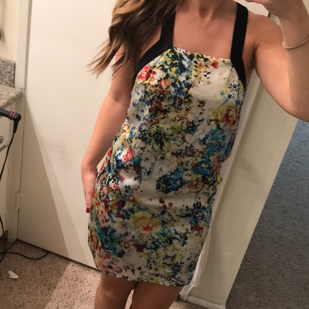 Mini black trim, white floral print satin dress.