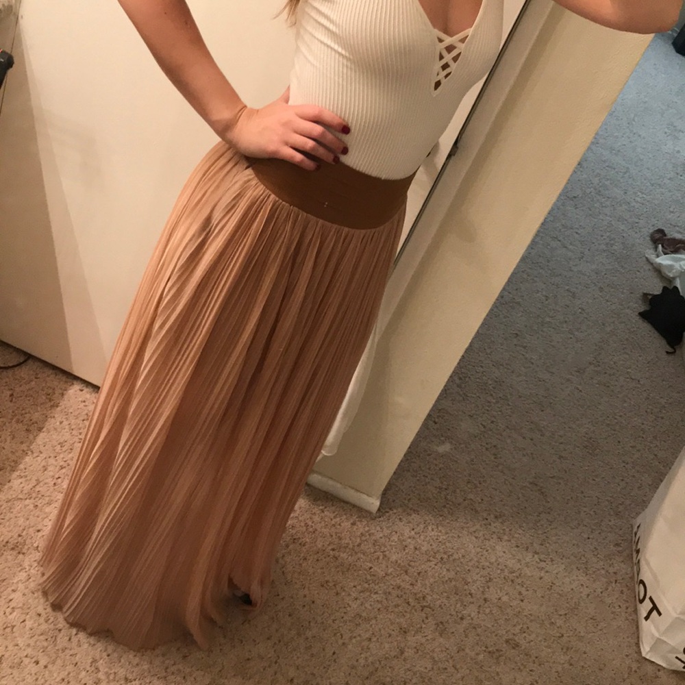 Gold, semi-pleated sheer maxi skirt