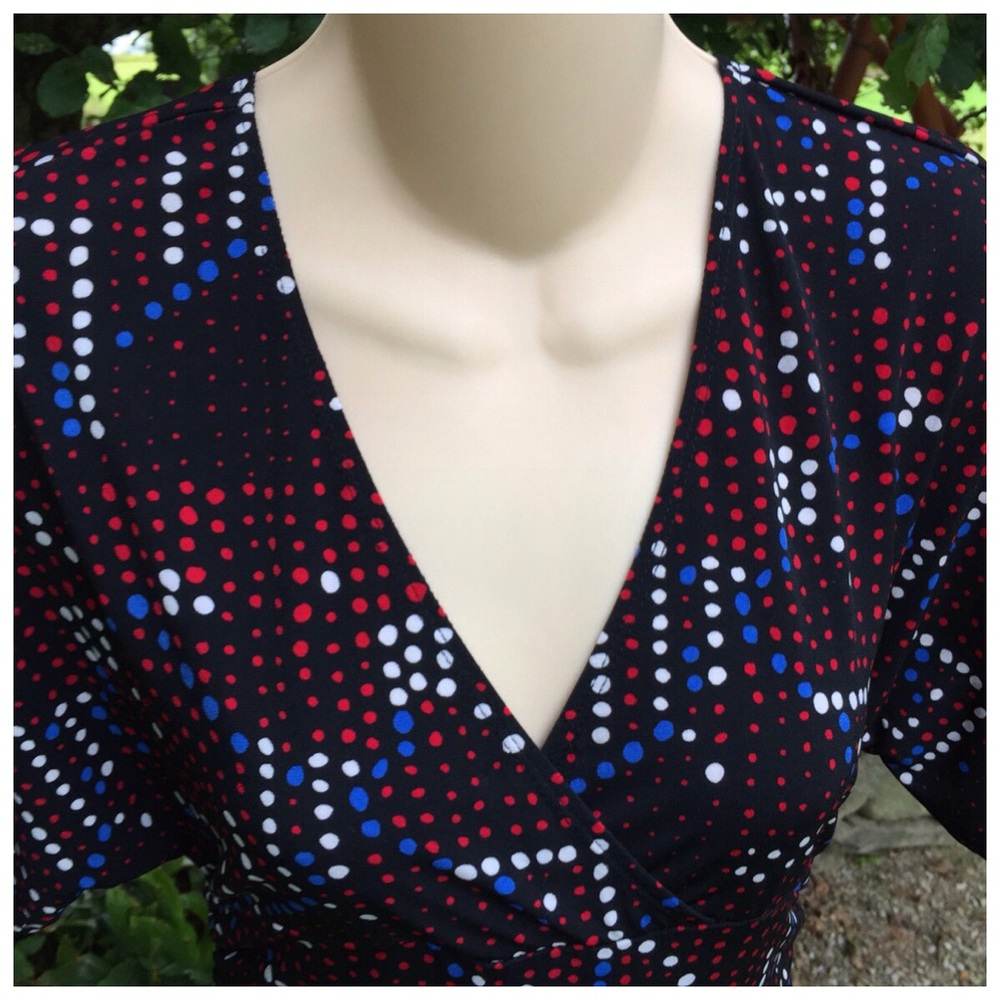 BISOU BISOU Low Back Plunge Neck Red White Blue Dolman Sleeve Dress Size S