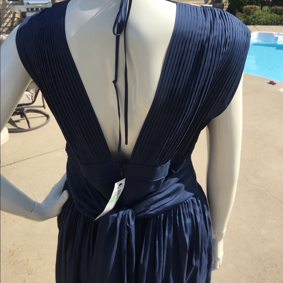 Stunning VTG Silk Navy Blue Pleated deep v tie waist knee length midi dress Sz8 - Picture 8 of 8