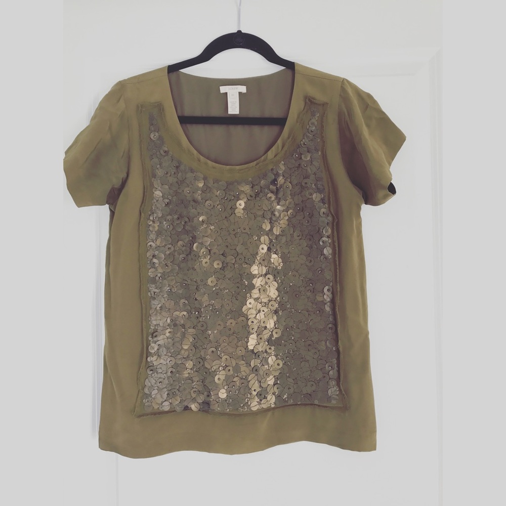 J.Crew Olive Green Silk Sequin Tee