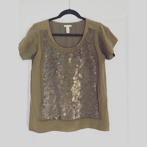 J.Crew Olive Green Silk Sequin Tee