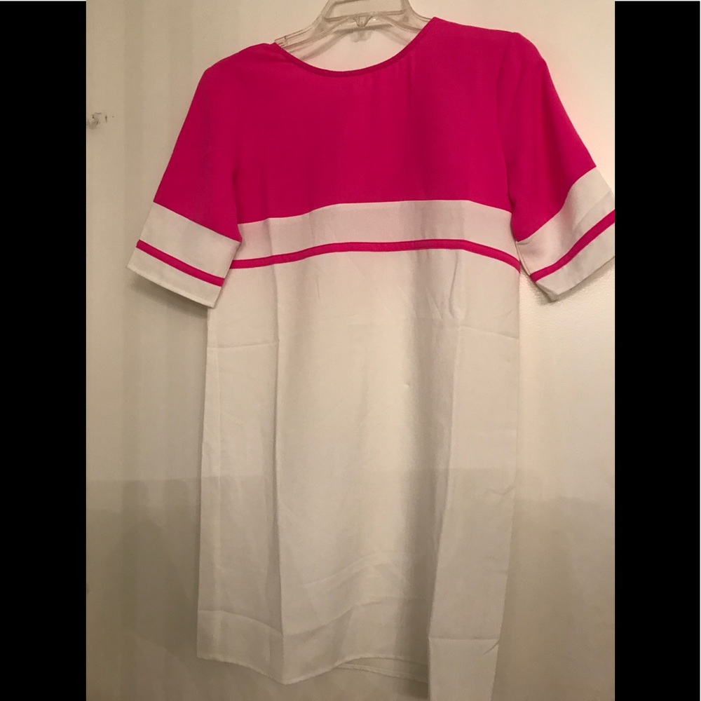 White and hot pink shift dress.