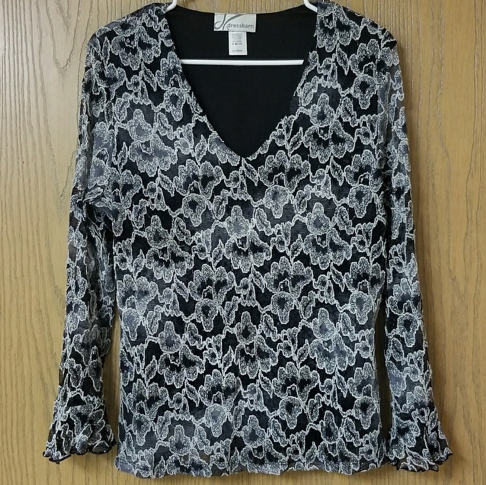 DRESSBARN V Neck Black & Silver Lace Tunic Top